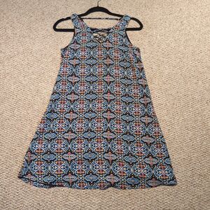 Pink Rose Sleeveless Shift Dress Women Small Black Blue Boho Tile Criss Cross